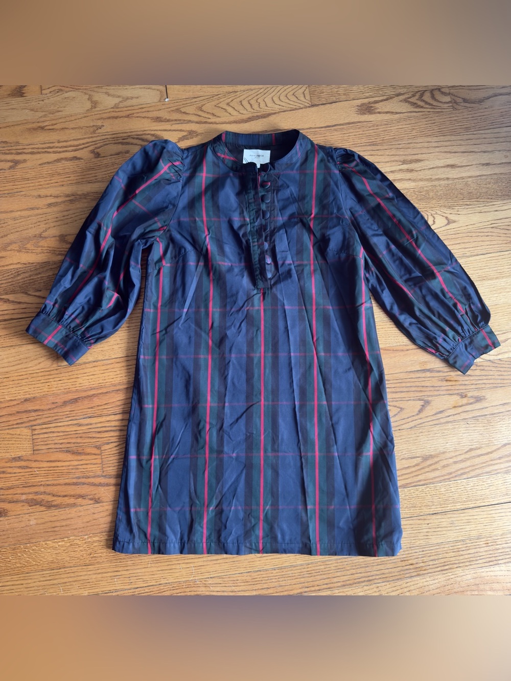 Fraser Plaid Samantha Pomander Place Navy Puff-Sleeve Shift Dress - Navy / Red - Picture 2 of 3